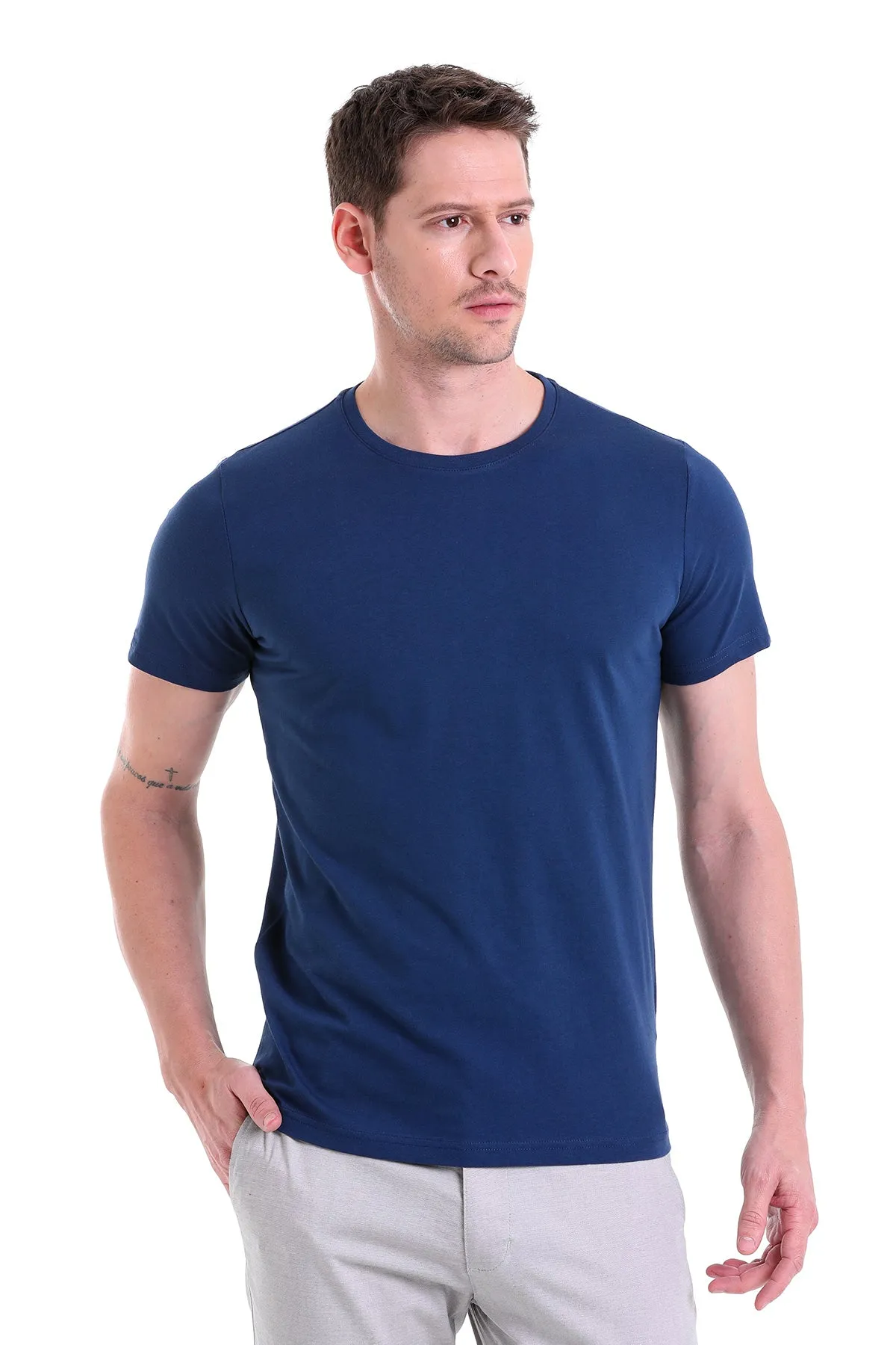 Regular Fit Indigo Basic Cotton Crew Neck T-Shirt