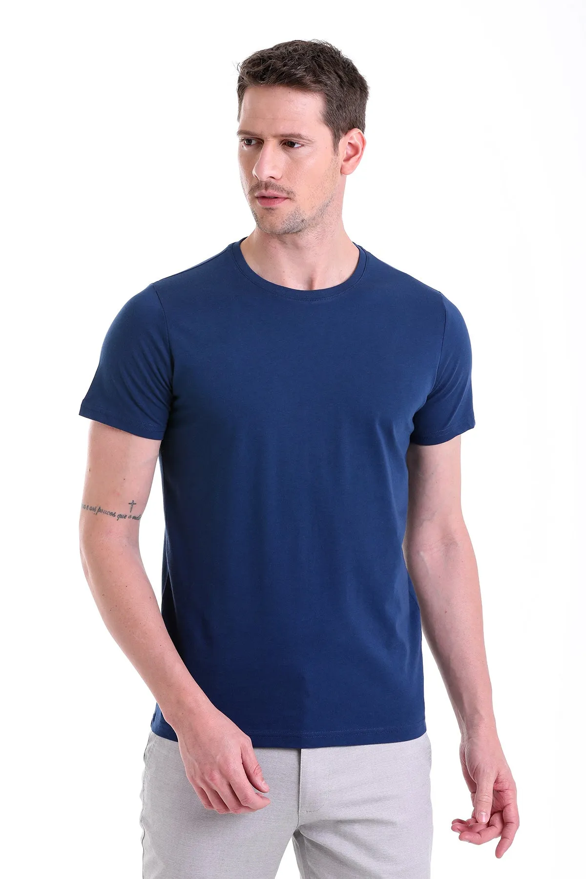 Regular Fit Indigo Basic Cotton Crew Neck T-Shirt