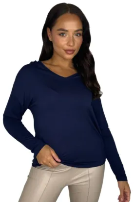 Relaxed Fit Low Cut Navy Viscose Long Sleeve Top