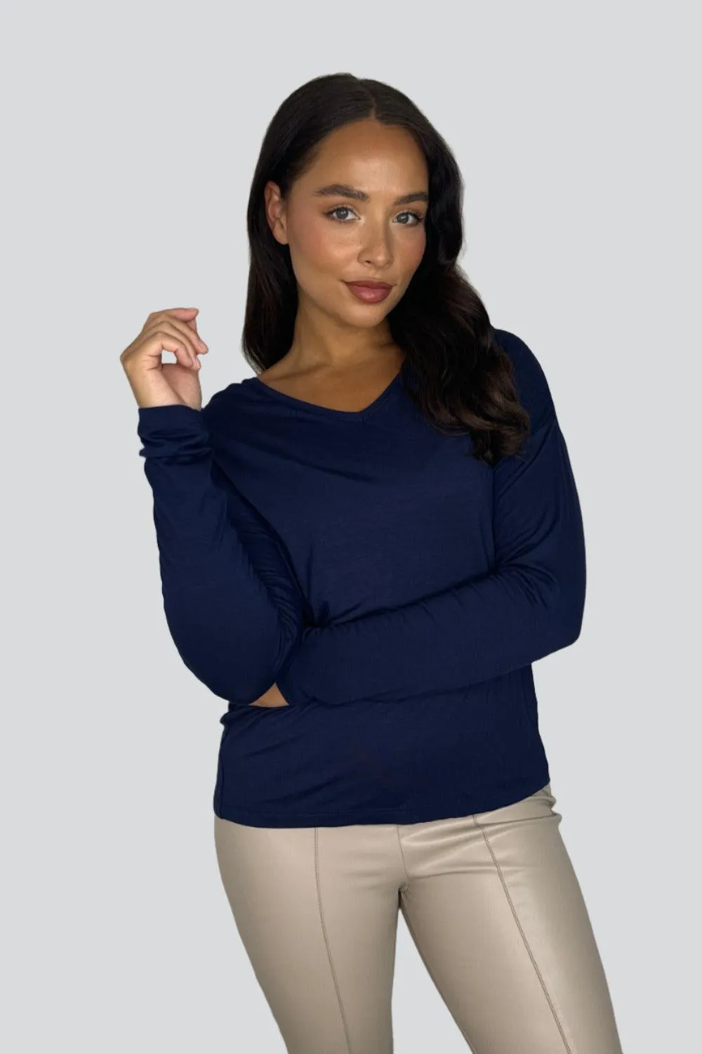 Relaxed Fit Low Cut Navy Viscose Long Sleeve Top