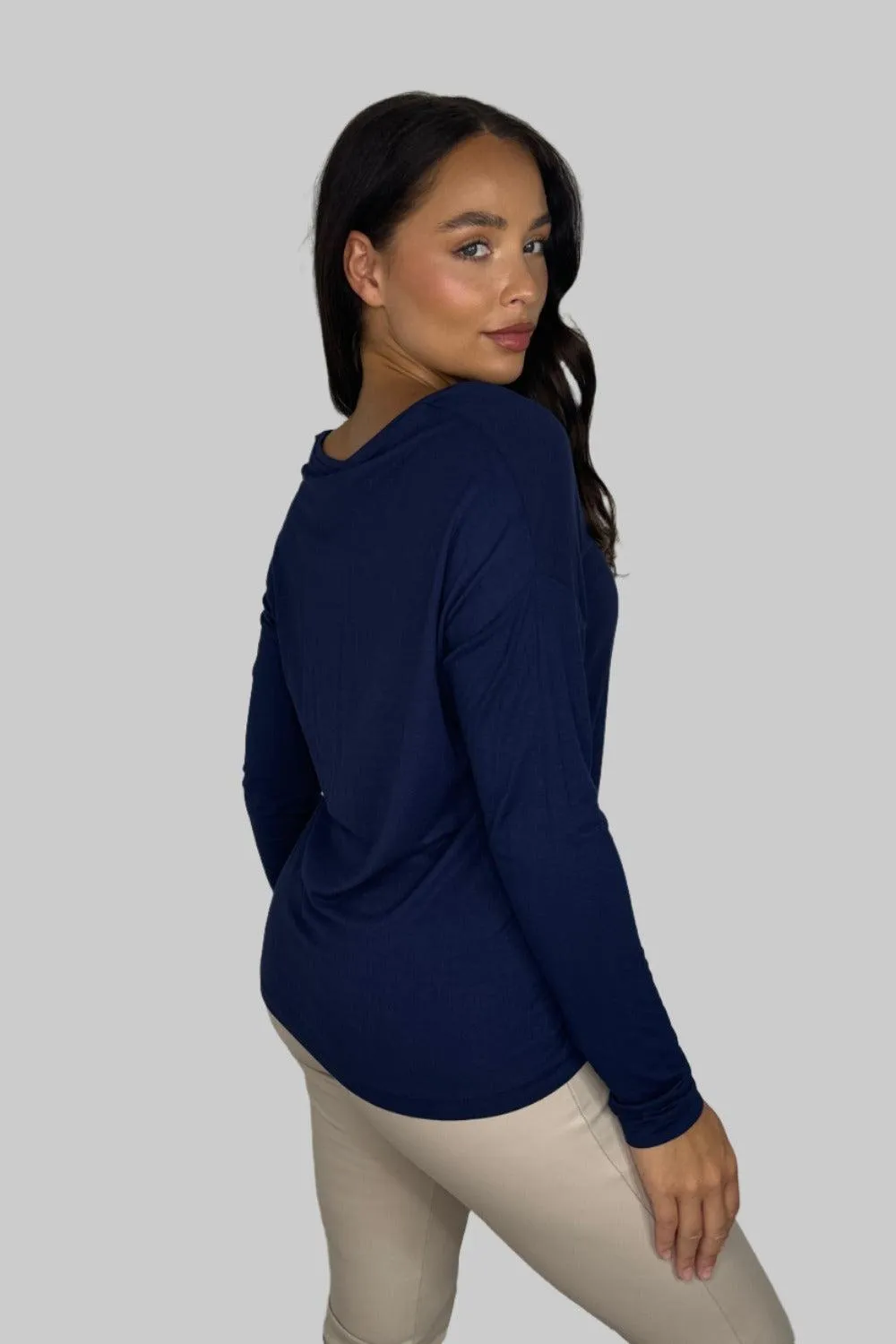 Relaxed Fit Low Cut Navy Viscose Long Sleeve Top