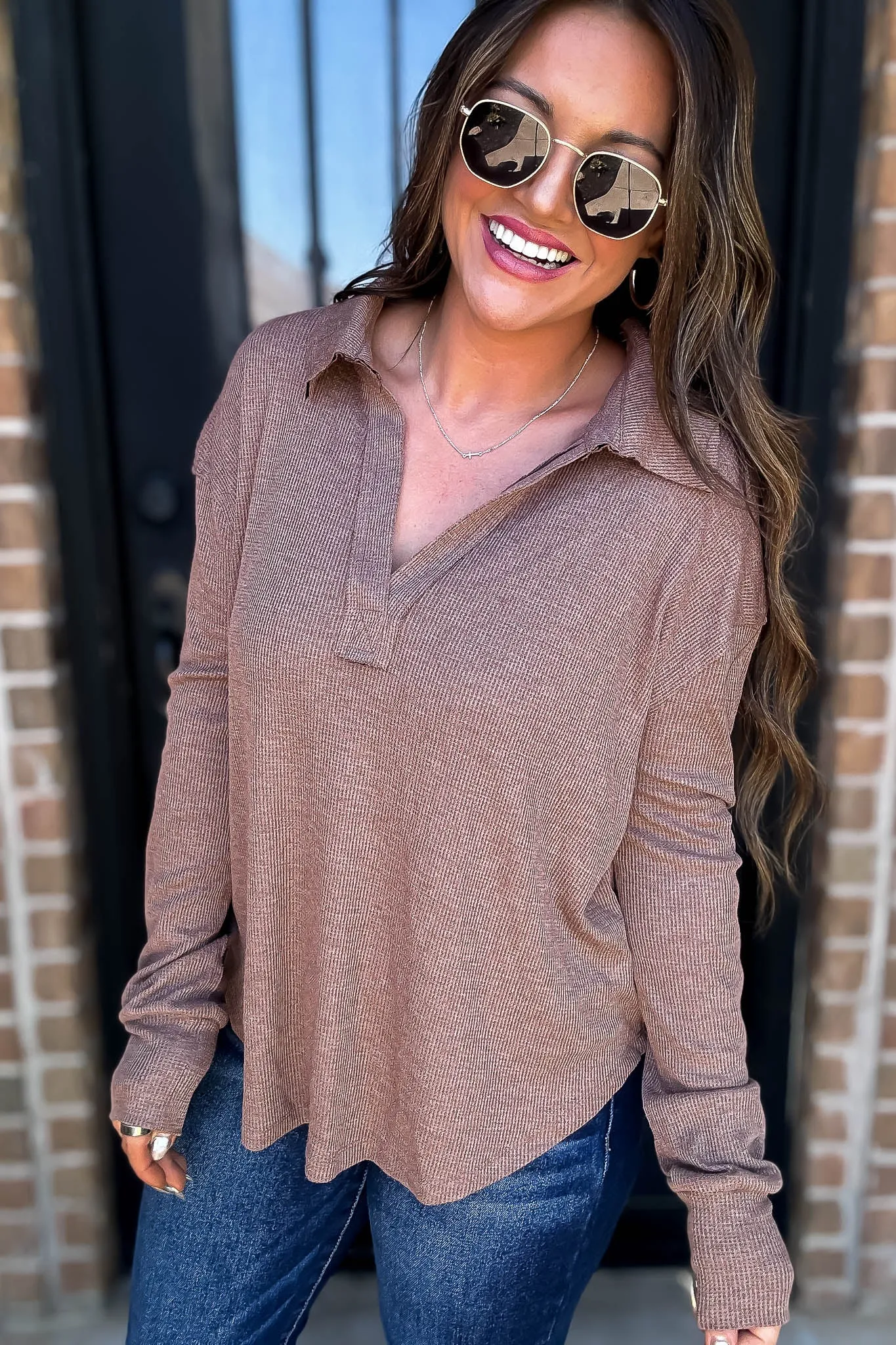 Ribbed Chestnut Collar V-Neck Top