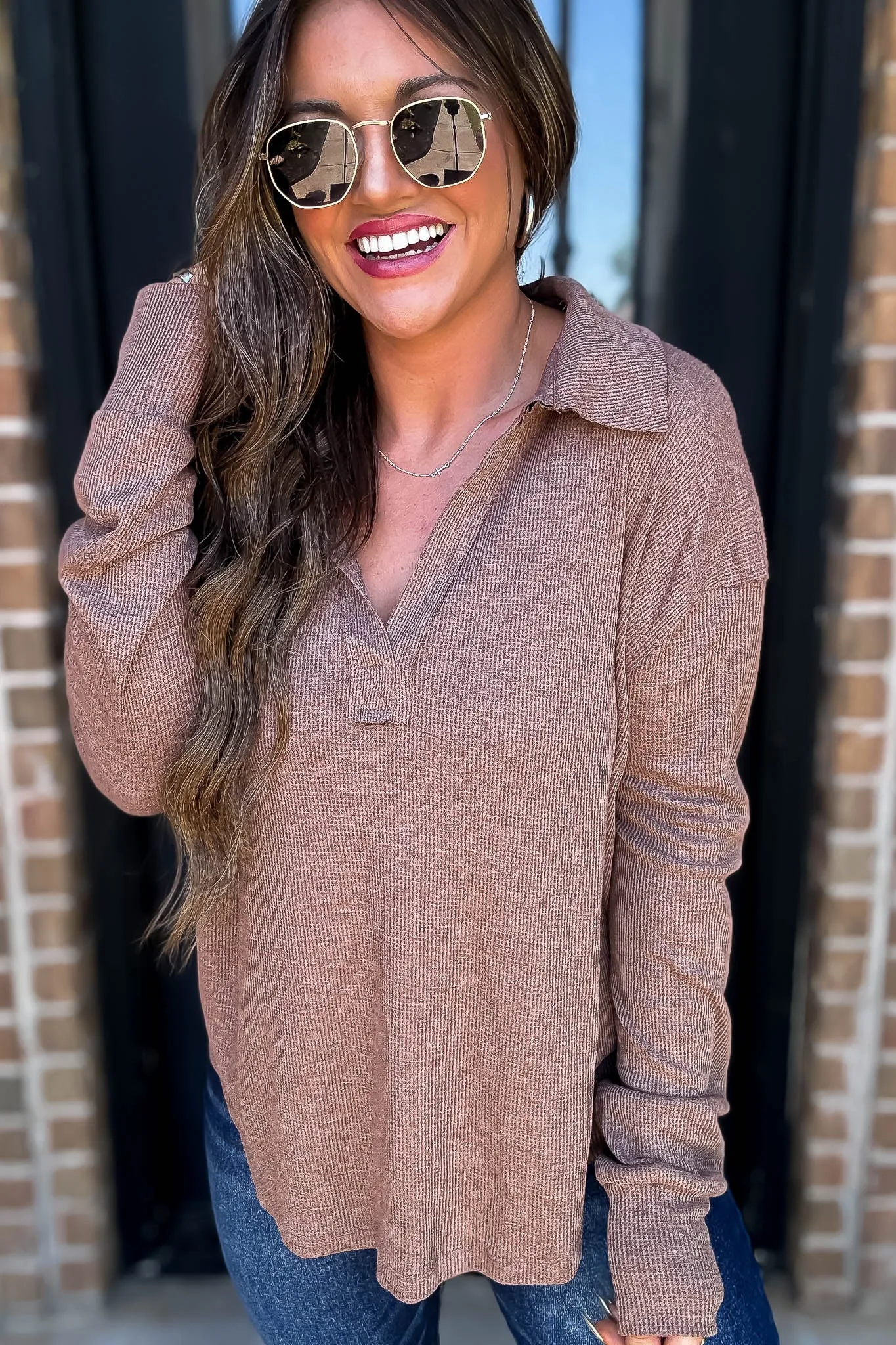 Ribbed Chestnut Collar V-Neck Top