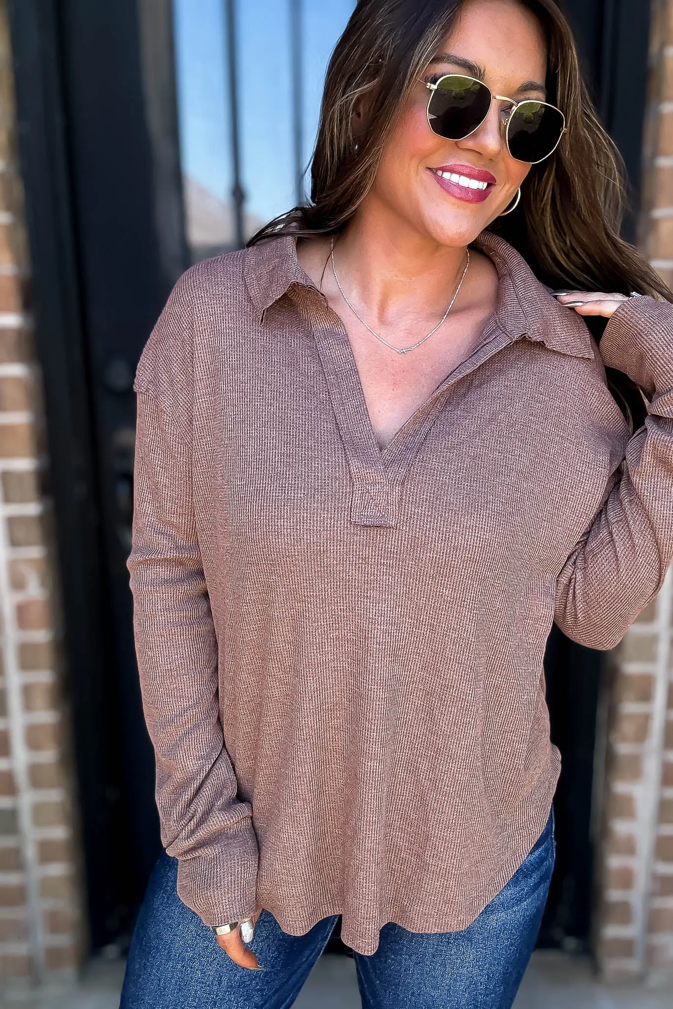 Ribbed Chestnut Collar V-Neck Top