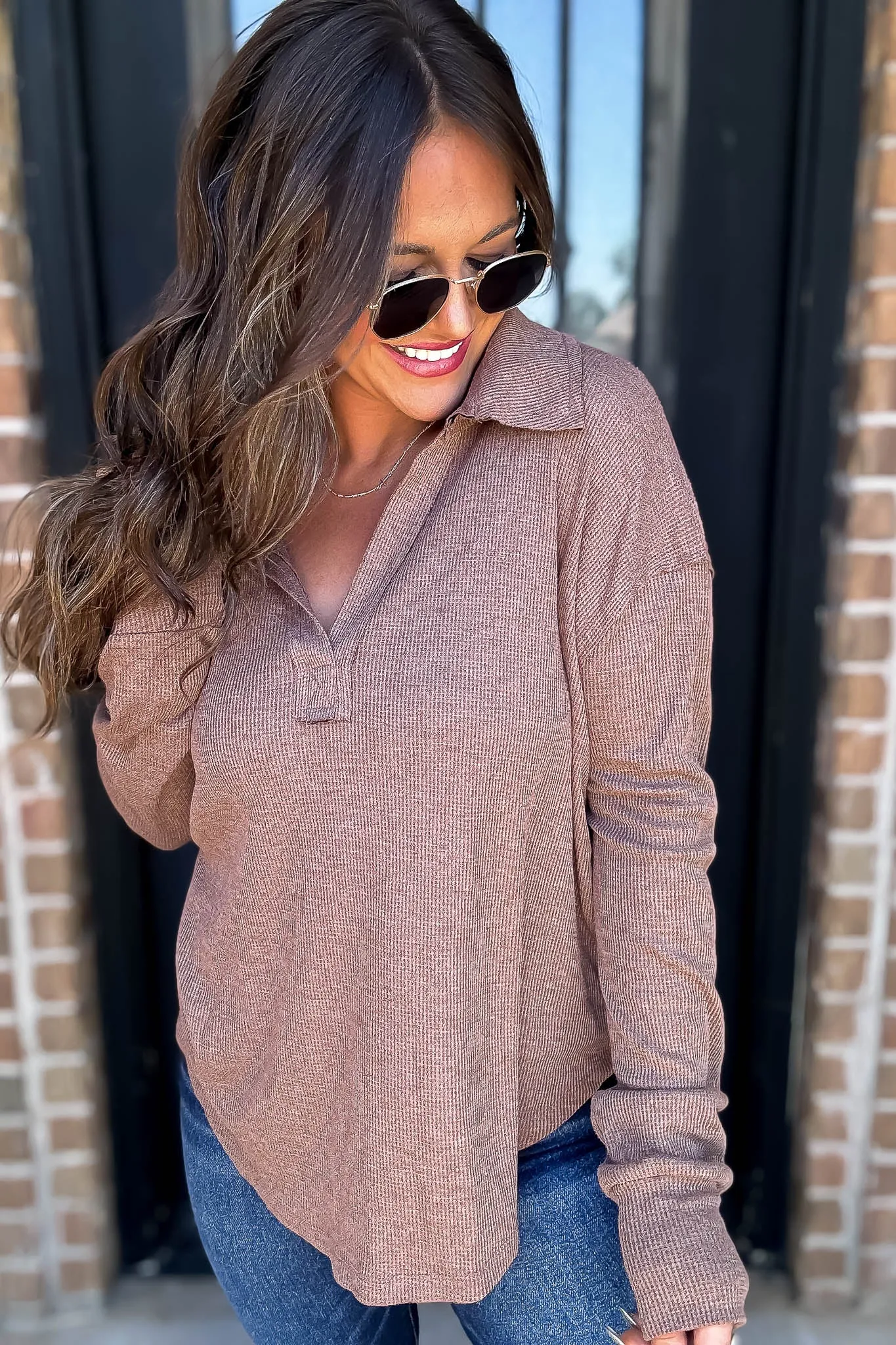 Ribbed Chestnut Collar V-Neck Top