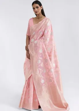 Rose Pink Zari Woven Linen Silk Saree