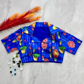 Royal Blue Kalamkari Print Blouse in Chilly Silk