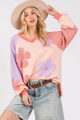 SAGE   FIG Full Size Daisy Applique Patch Color Block Long Sleeve Top