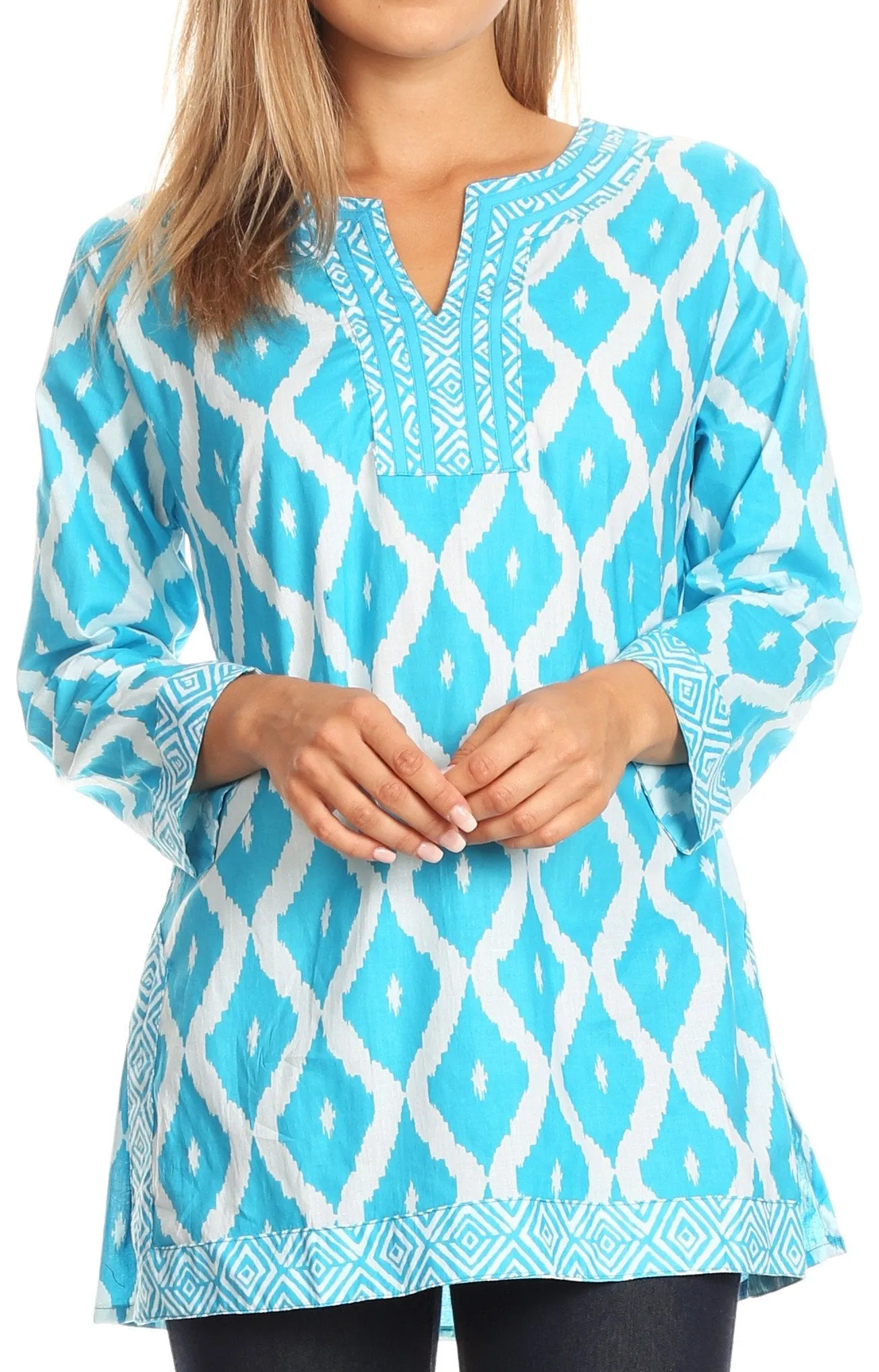 Sakkas Ida Fresh Casual Rayon Paisley Tunic Blouse Top with 3/4 Sleeve