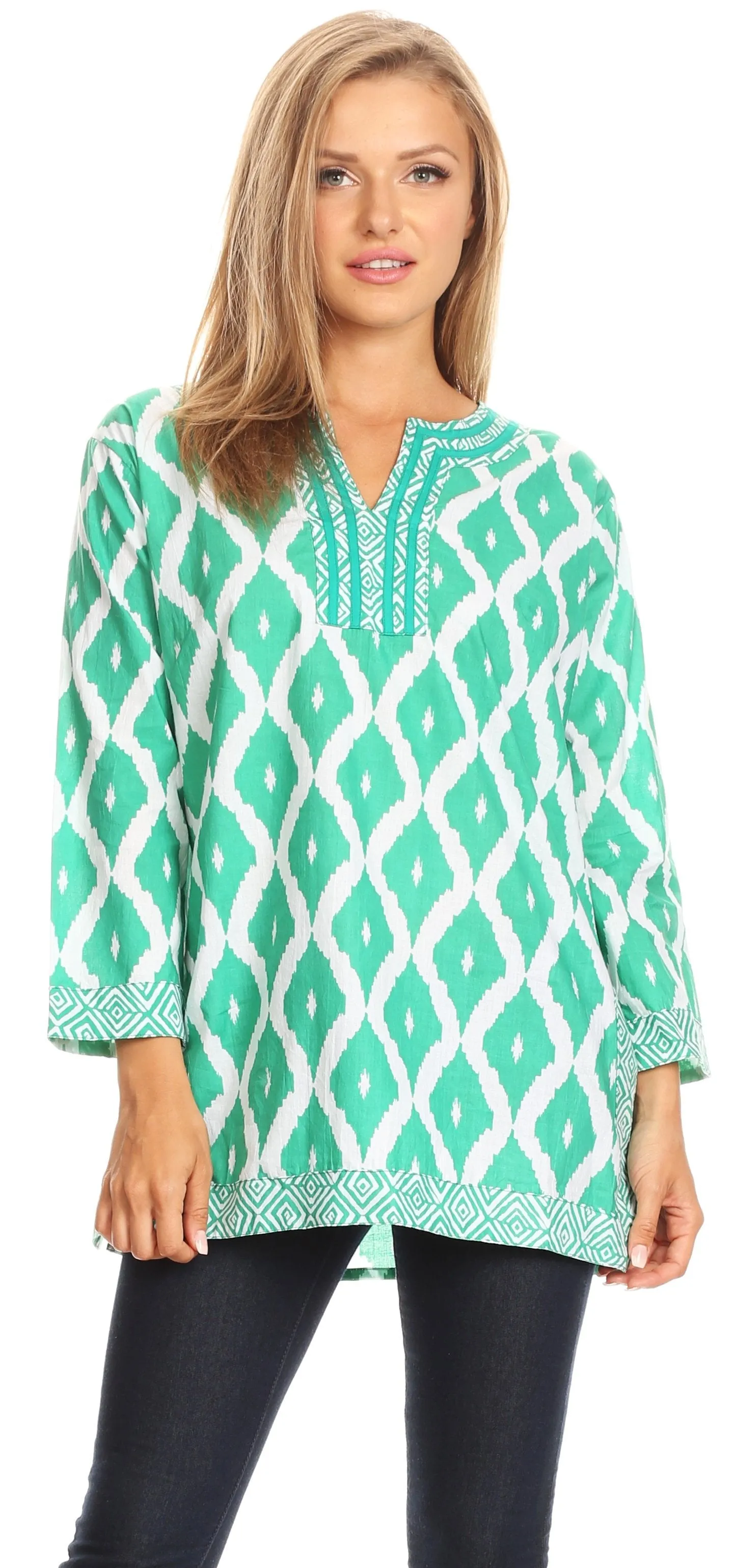 Sakkas Ida Fresh Casual Rayon Paisley Tunic Blouse Top with 3/4 Sleeve