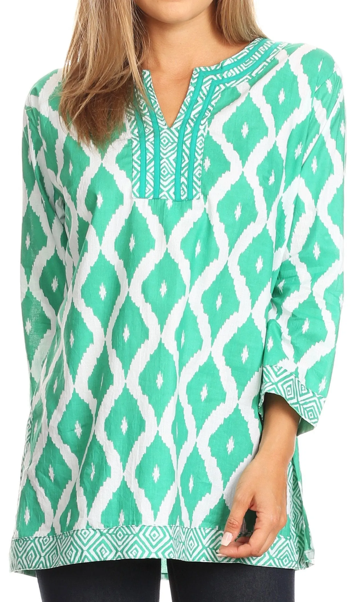 Sakkas Ida Fresh Casual Rayon Paisley Tunic Blouse Top with 3/4 Sleeve