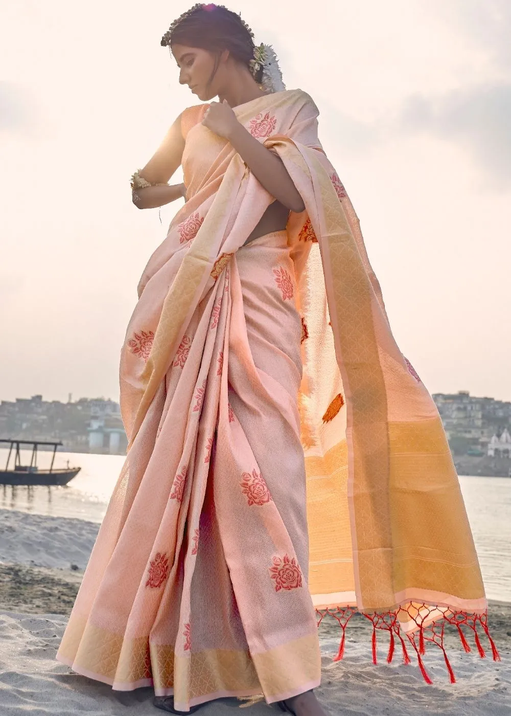 Salmon Pink Linen Silk Saree with Zari Woven Butti overall