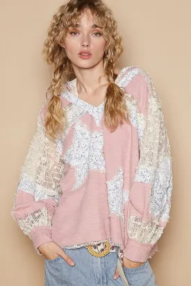 Star Patch Lace Long Sleeve Hooded Top