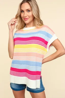 Striped Side Slit Short Sleeve Knit Top