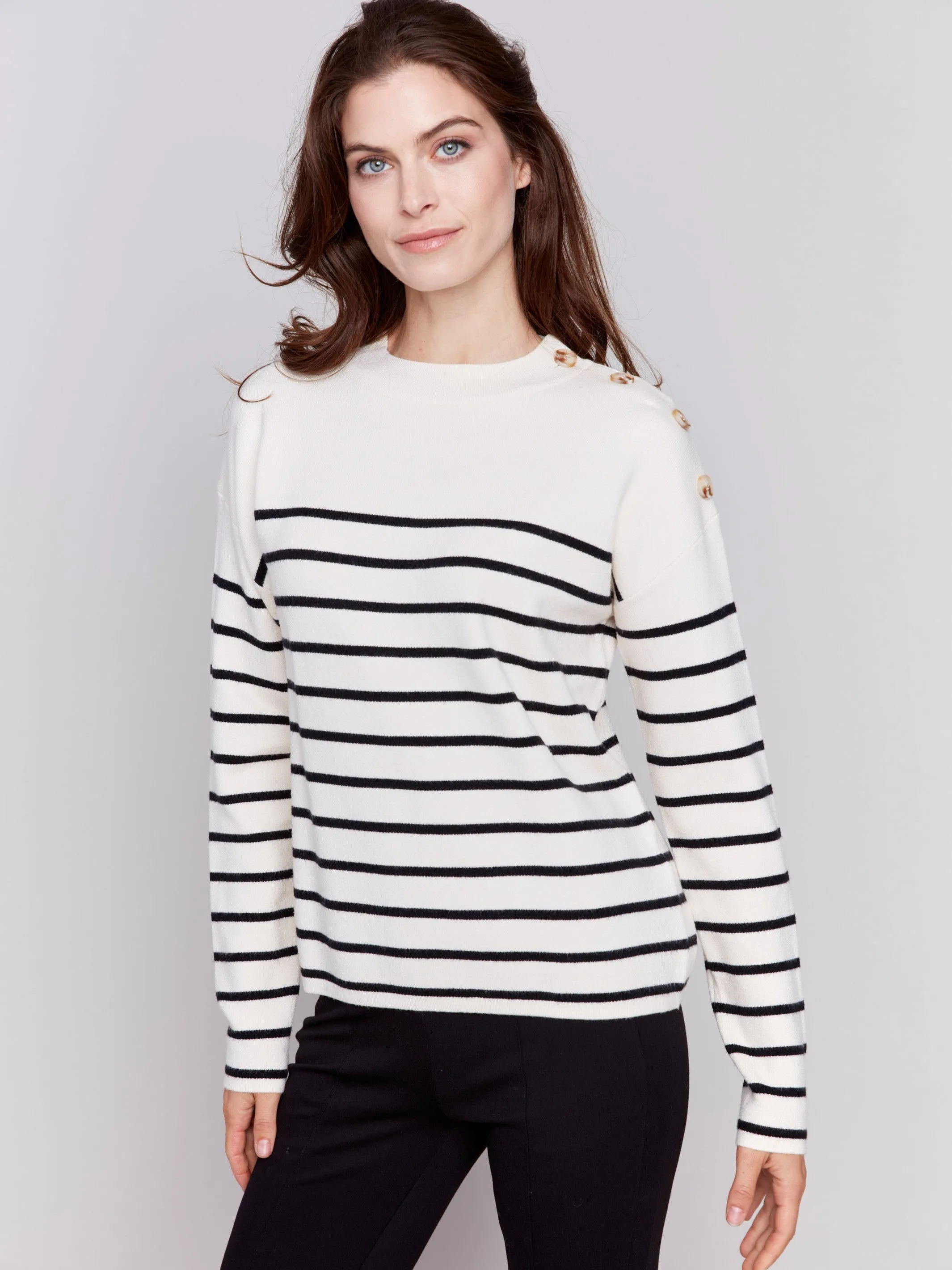 Striped Sweater with Button Detail - Ecru