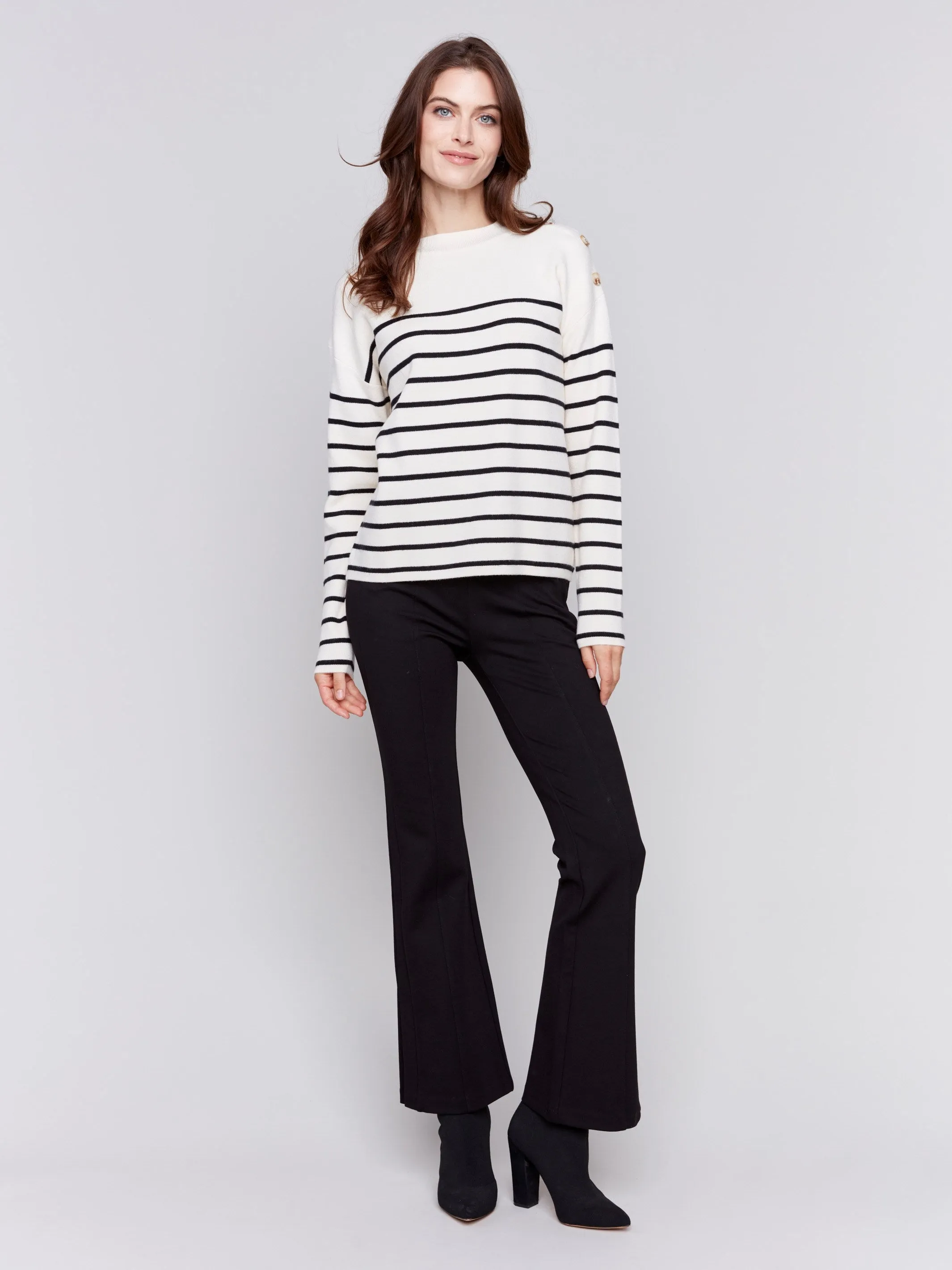 Striped Sweater with Button Detail - Ecru