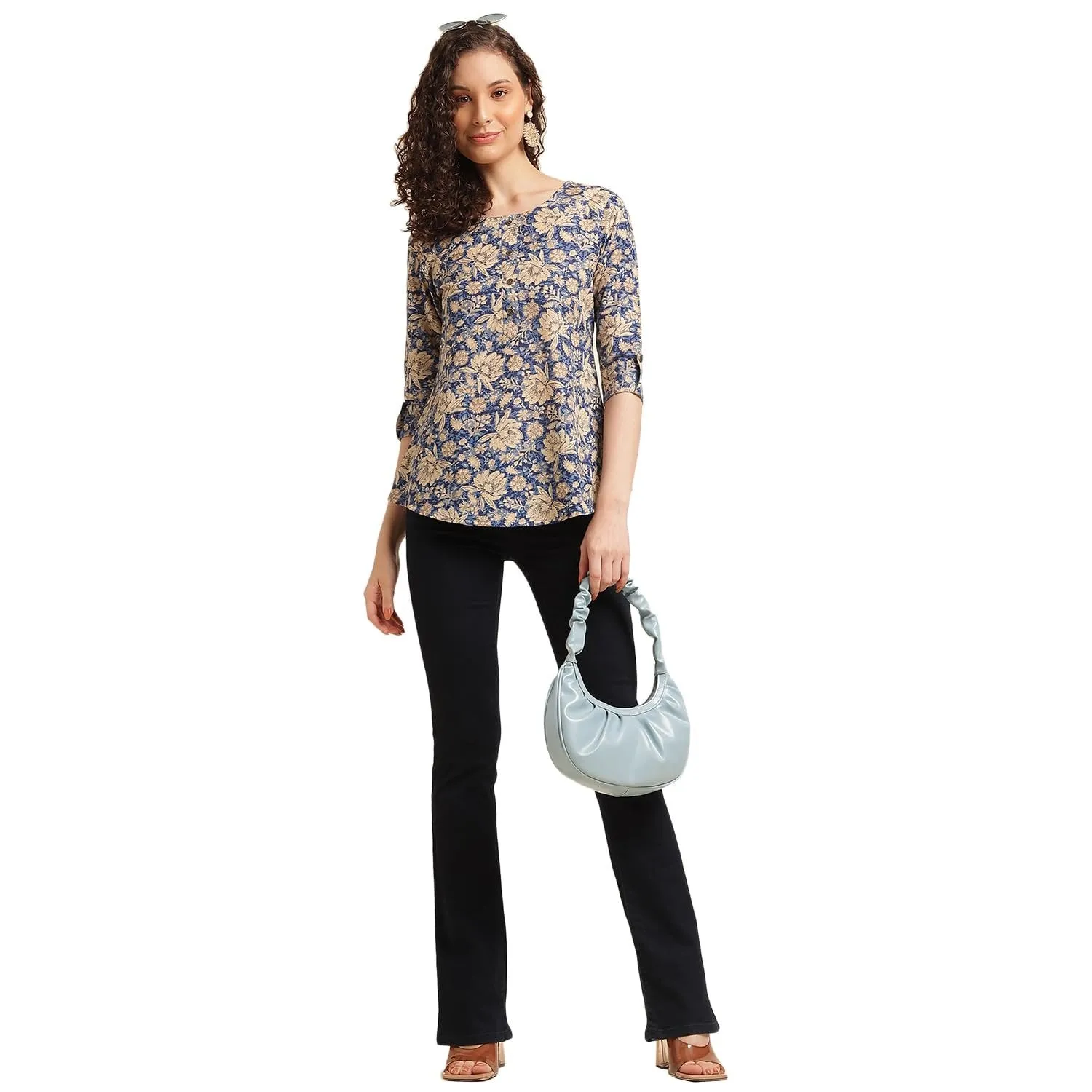 Stylish Cotton Blend Printed Top for Women | Office Wear & Casual | Blue | 3/4 Sleeve