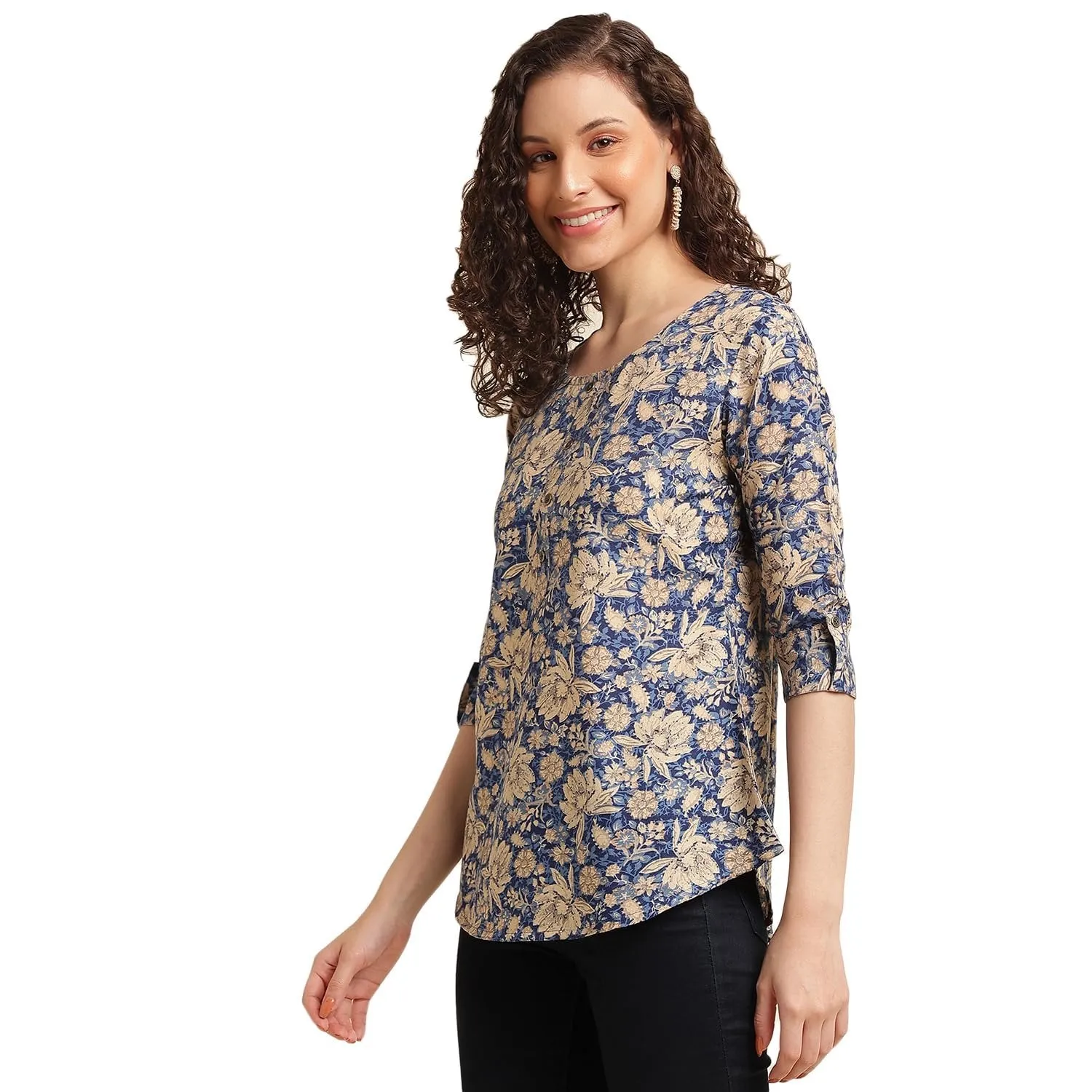 Stylish Cotton Blend Printed Top for Women | Office Wear & Casual | Blue | 3/4 Sleeve