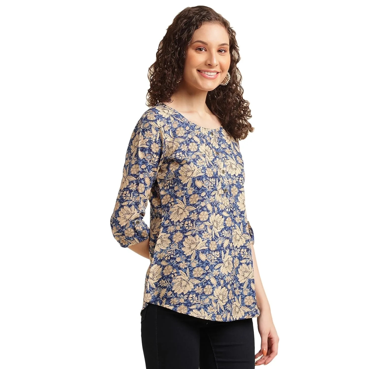 Stylish Cotton Blend Printed Top for Women | Office Wear & Casual | Blue | 3/4 Sleeve