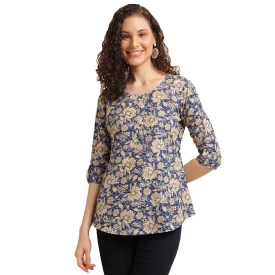 Stylish Cotton Blend Printed Top for Women | Office Wear & Casual | Blue | 3/4 Sleeve