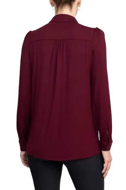 T Tahari Collar Neck Cuff Long Sleeves Button Detail ITY Blouse