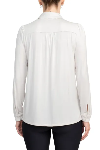 T Tahari Collar Neck Cuff Long Sleeves Button Detail ITY Blouse