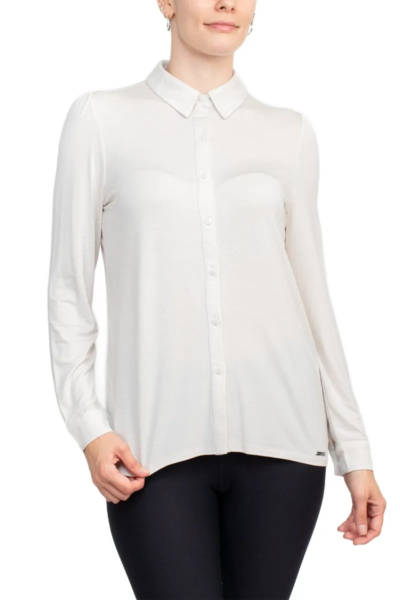 T Tahari Collar Neck Cuff Long Sleeves Button Detail ITY Blouse