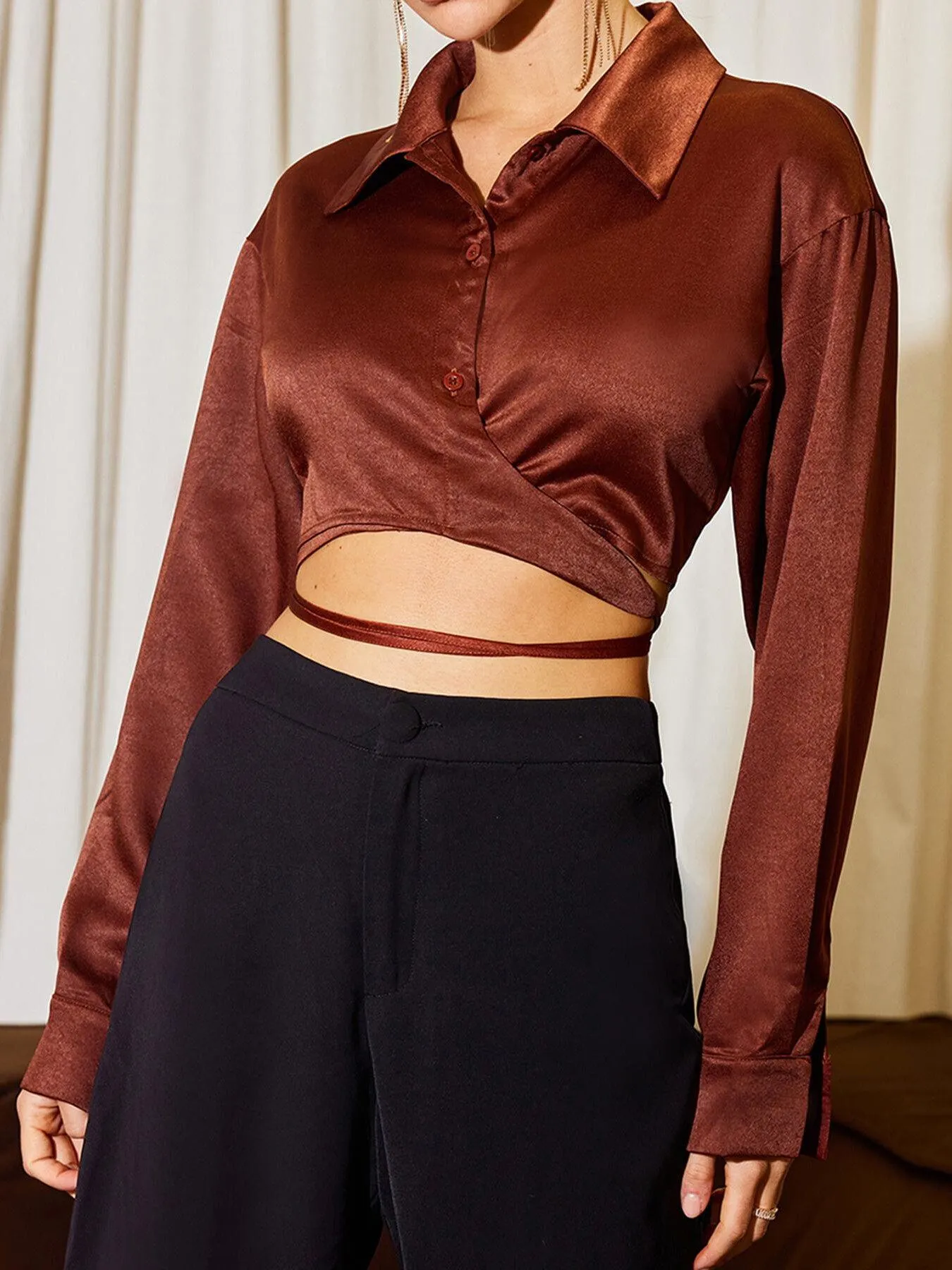 Tie Back Bishop Sleeve Crop Top