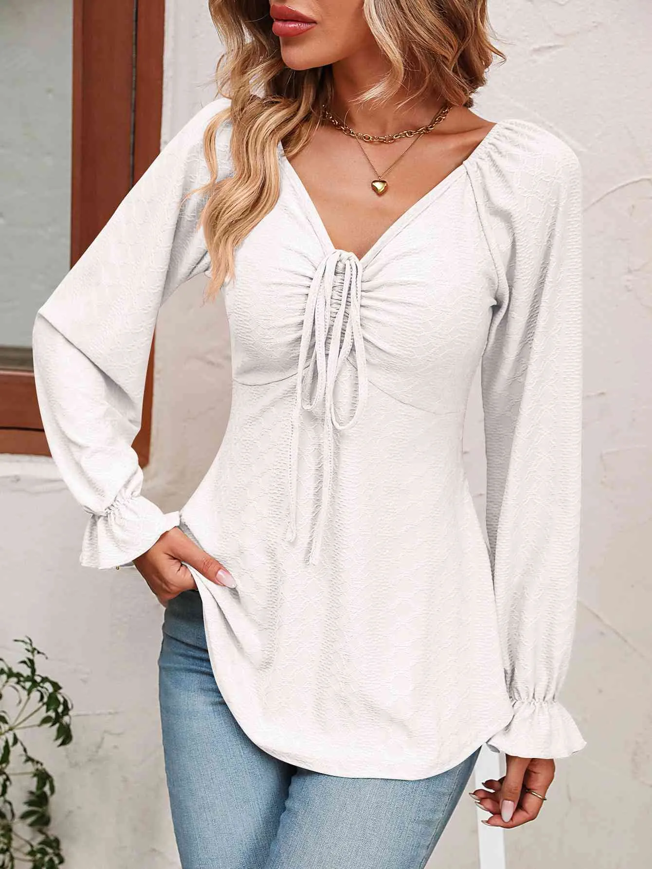 Tie Front Puff Sleeve Blouse