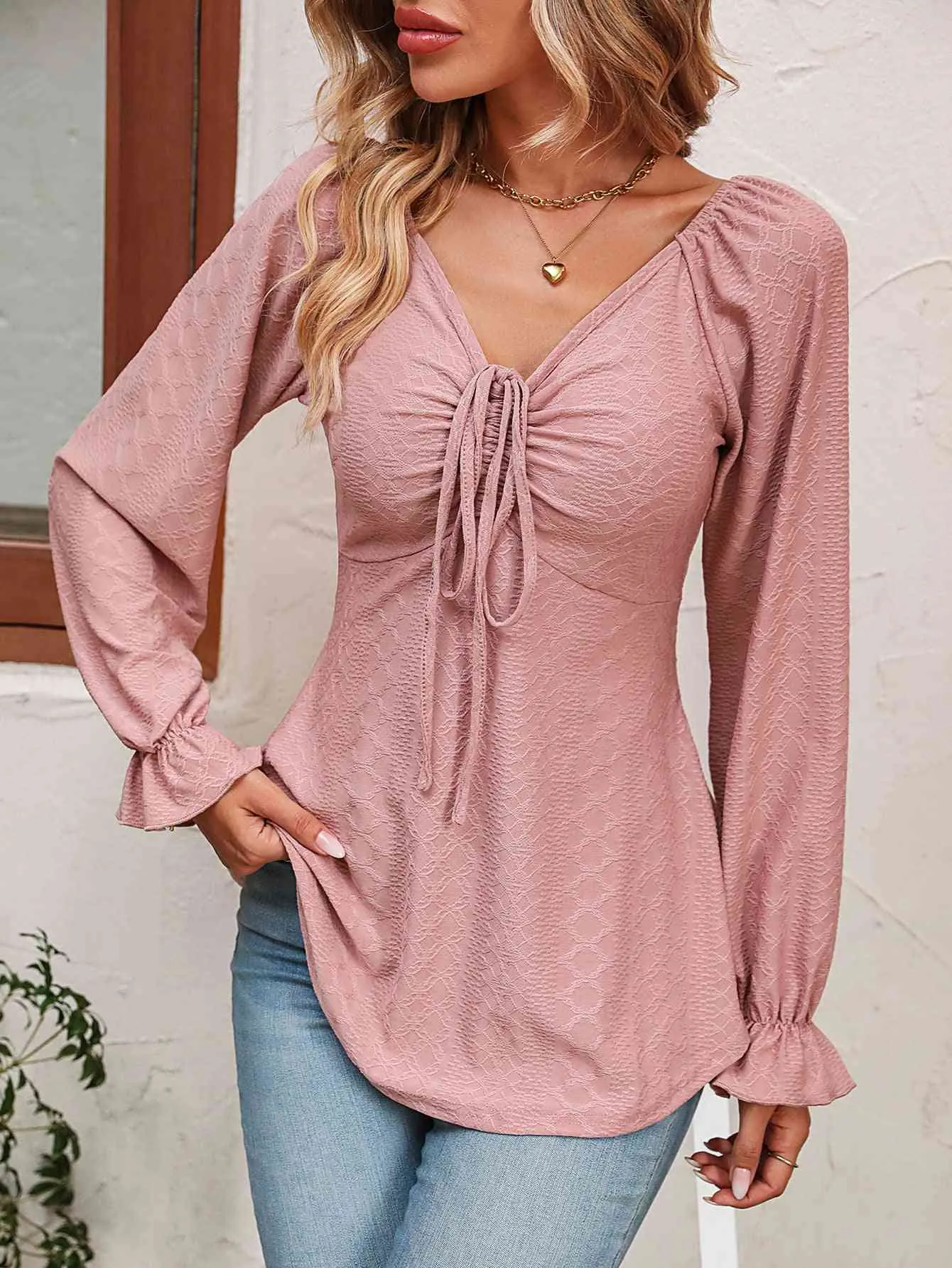 Tie Front Puff Sleeve Blouse