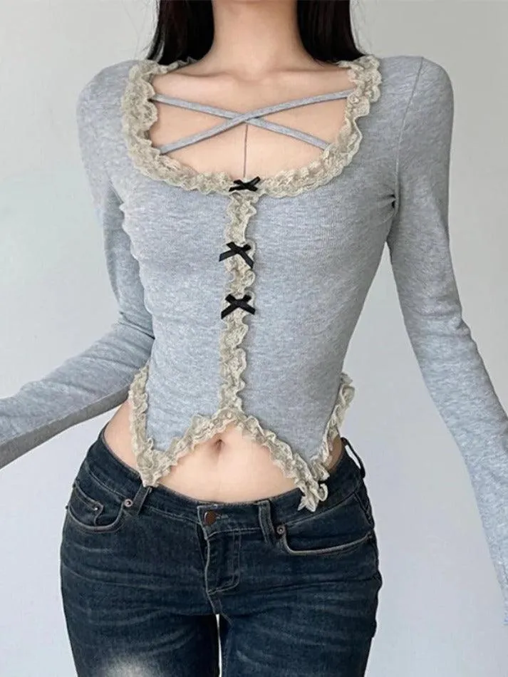 Uniwim ootd Square Neck Crossover Lace Trim Long Sleeve Knit