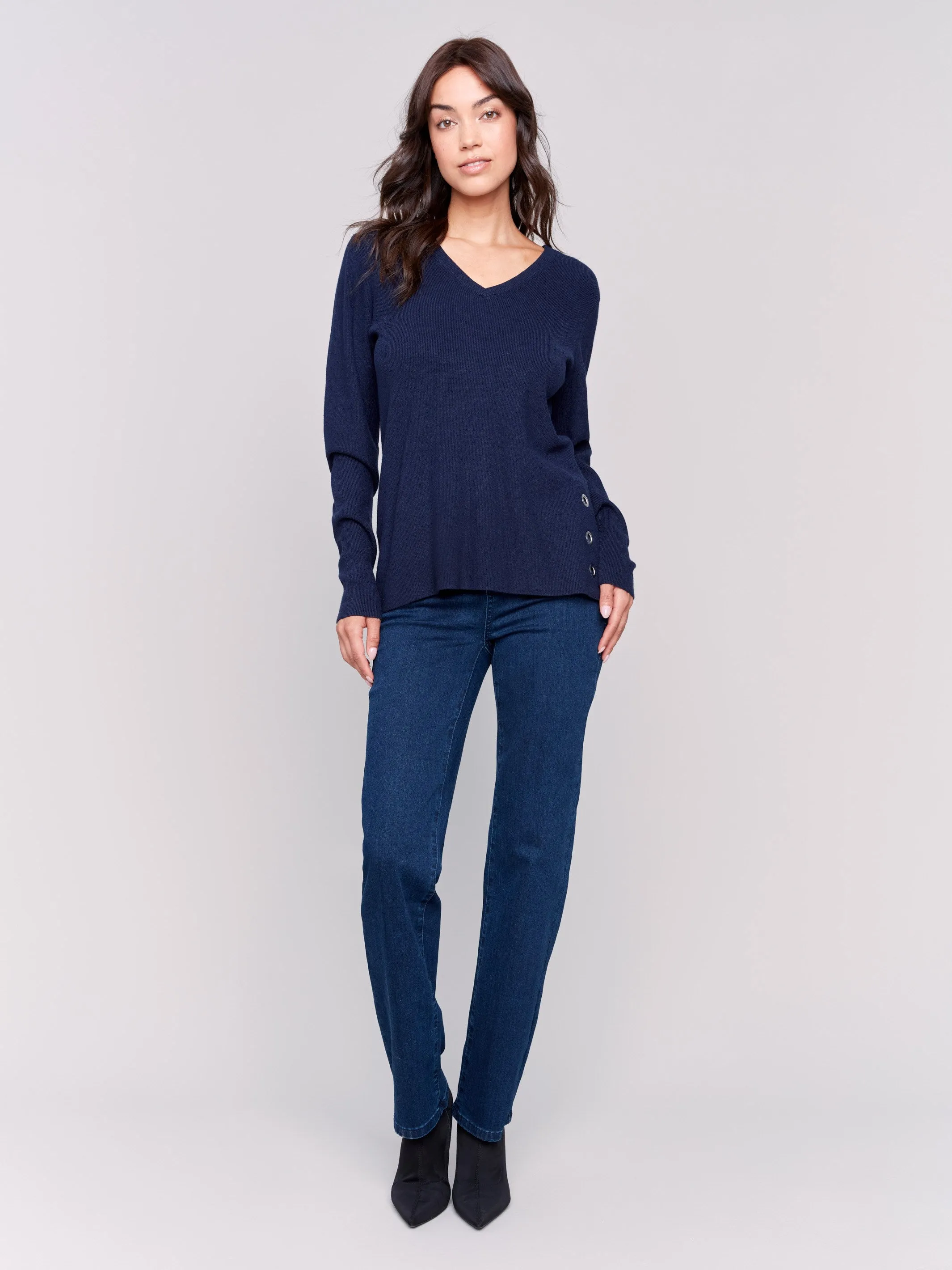 V-Neck Sweater with Grommet Detail - Navy