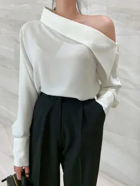 VAIGE Elegant Solid Black Off-The-Shoulder Long Sleeve Blouse for Spring and Summer Leisure