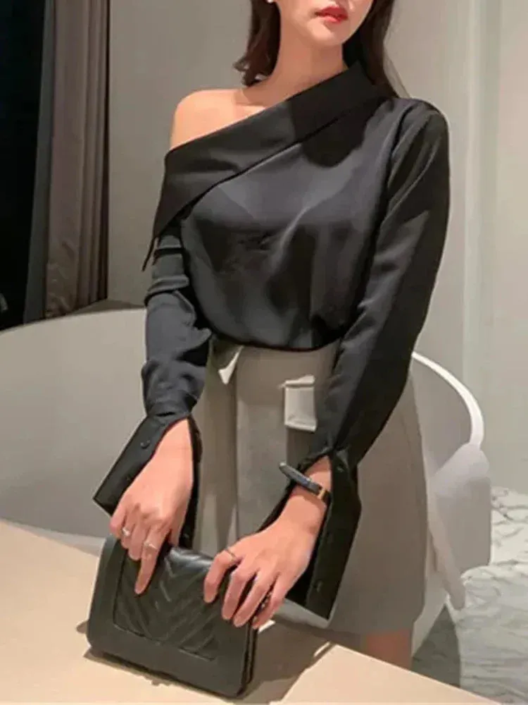 VAIGE Elegant Solid Black Off-The-Shoulder Long Sleeve Blouse for Spring and Summer Leisure