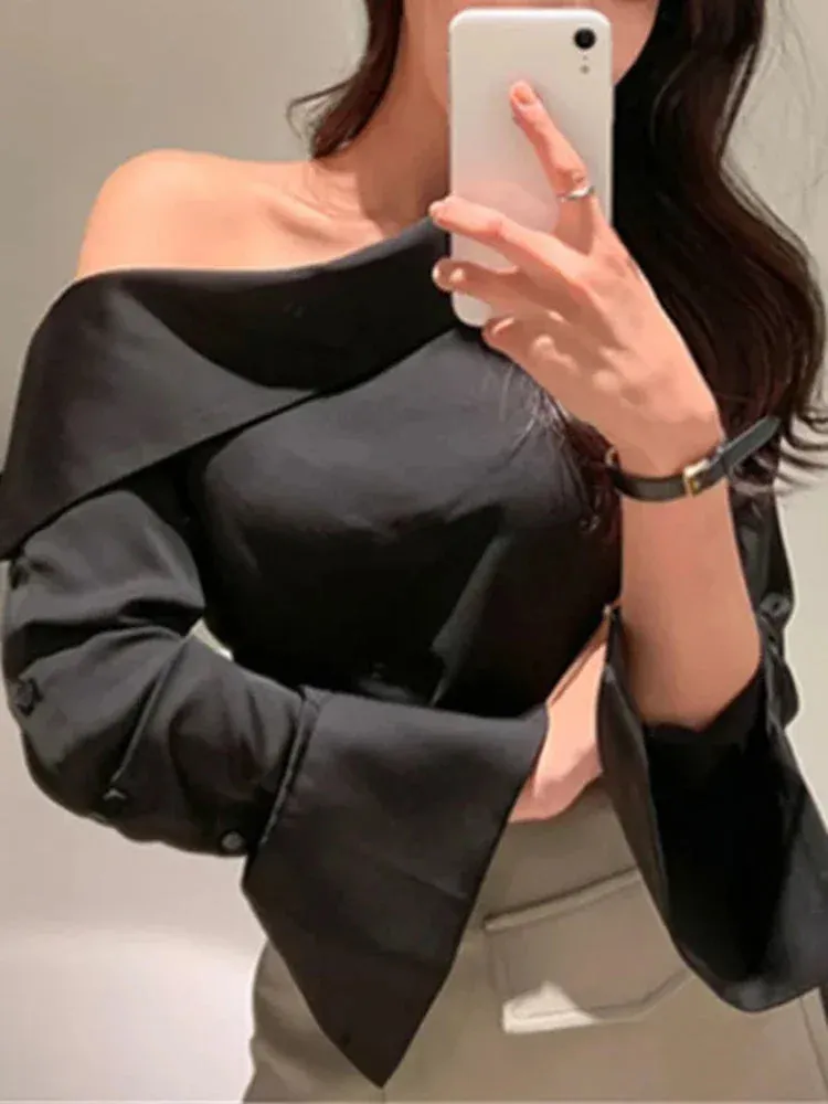 VAIGE Elegant Solid Black Off-The-Shoulder Long Sleeve Blouse for Spring and Summer Leisure