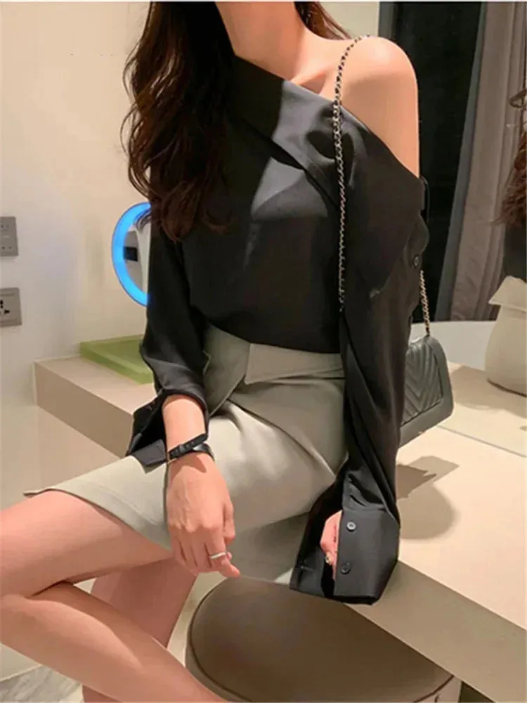 VAIGE Elegant Solid Black Off-The-Shoulder Long Sleeve Blouse for Spring and Summer Leisure