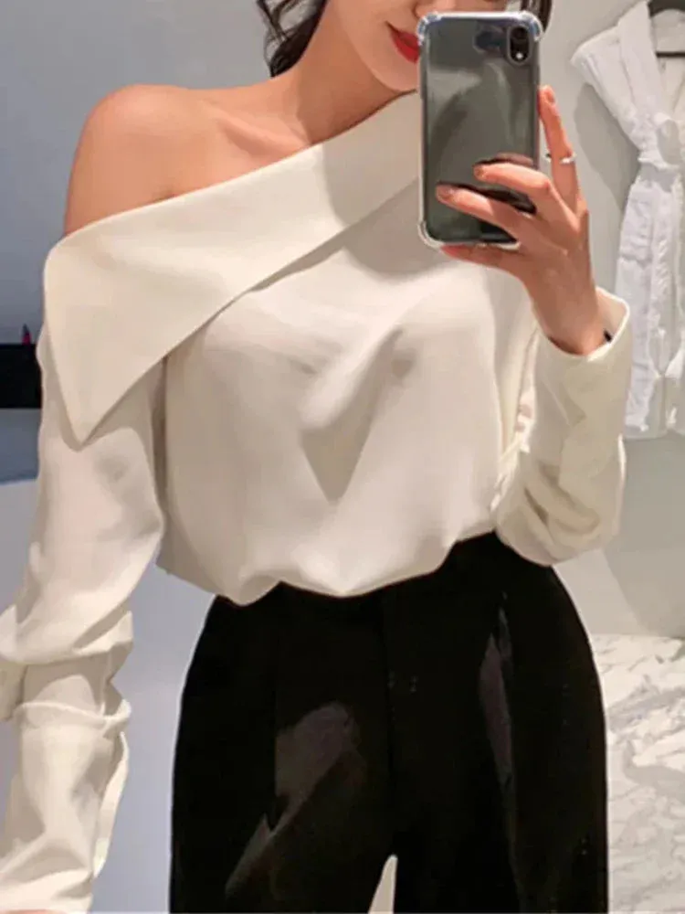 VAIGE Elegant Solid Black Off-The-Shoulder Long Sleeve Blouse for Spring and Summer Leisure