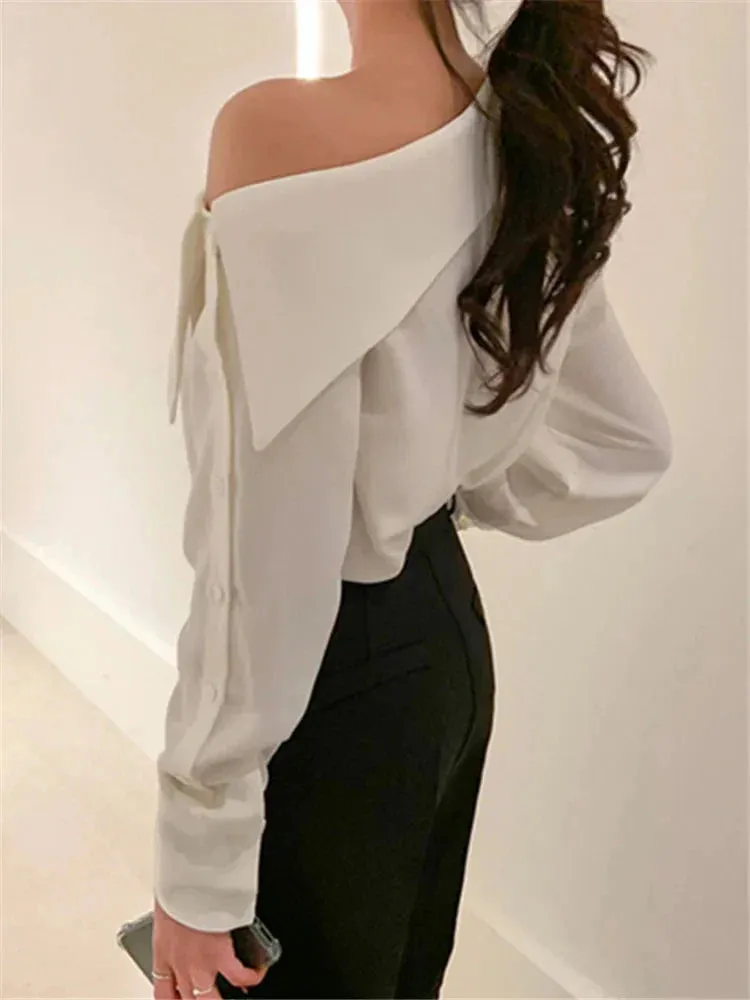 VAIGE Elegant Solid Black Off-The-Shoulder Long Sleeve Blouse for Spring and Summer Leisure