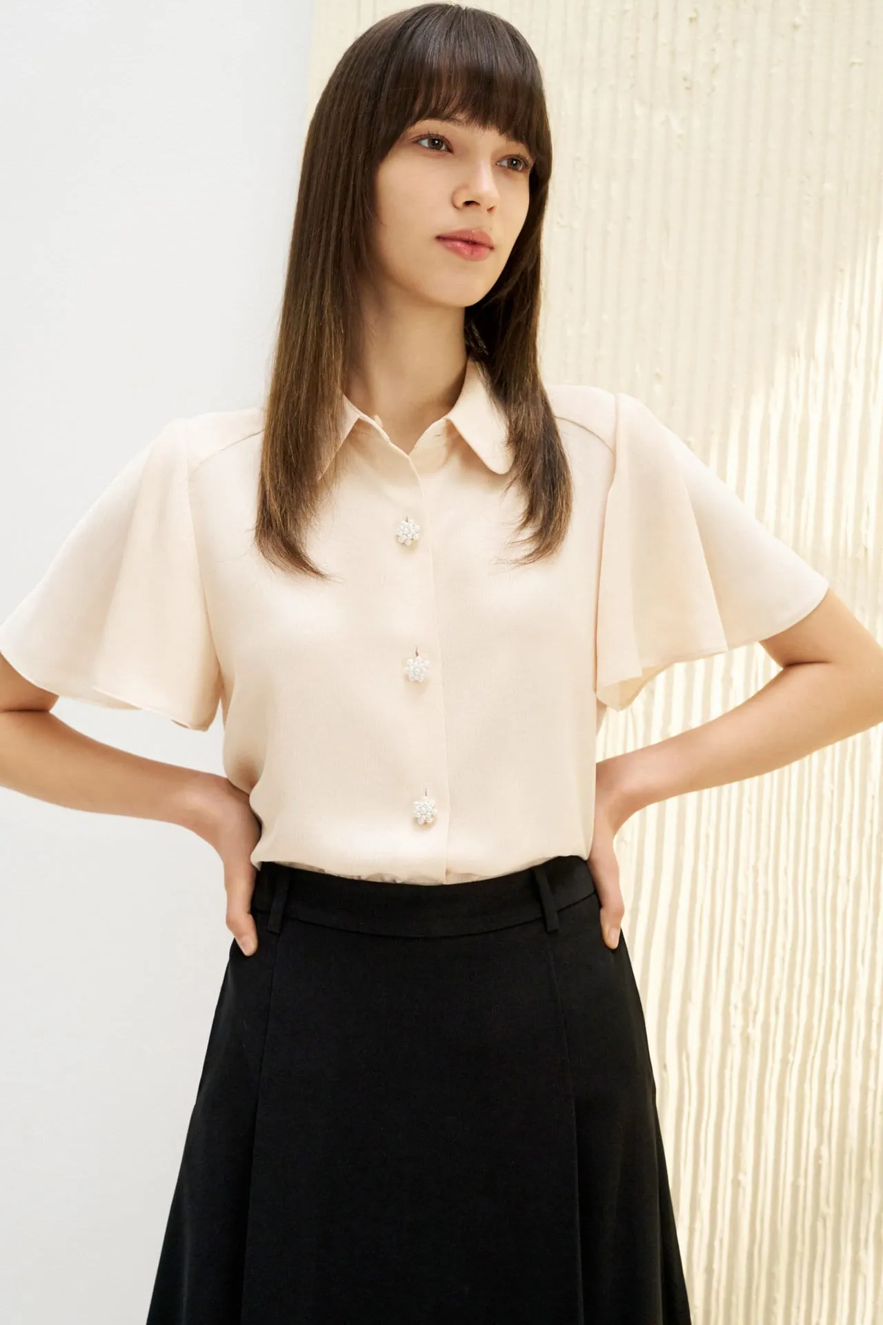 Wavy Sleeves Shirt Collar Blouse