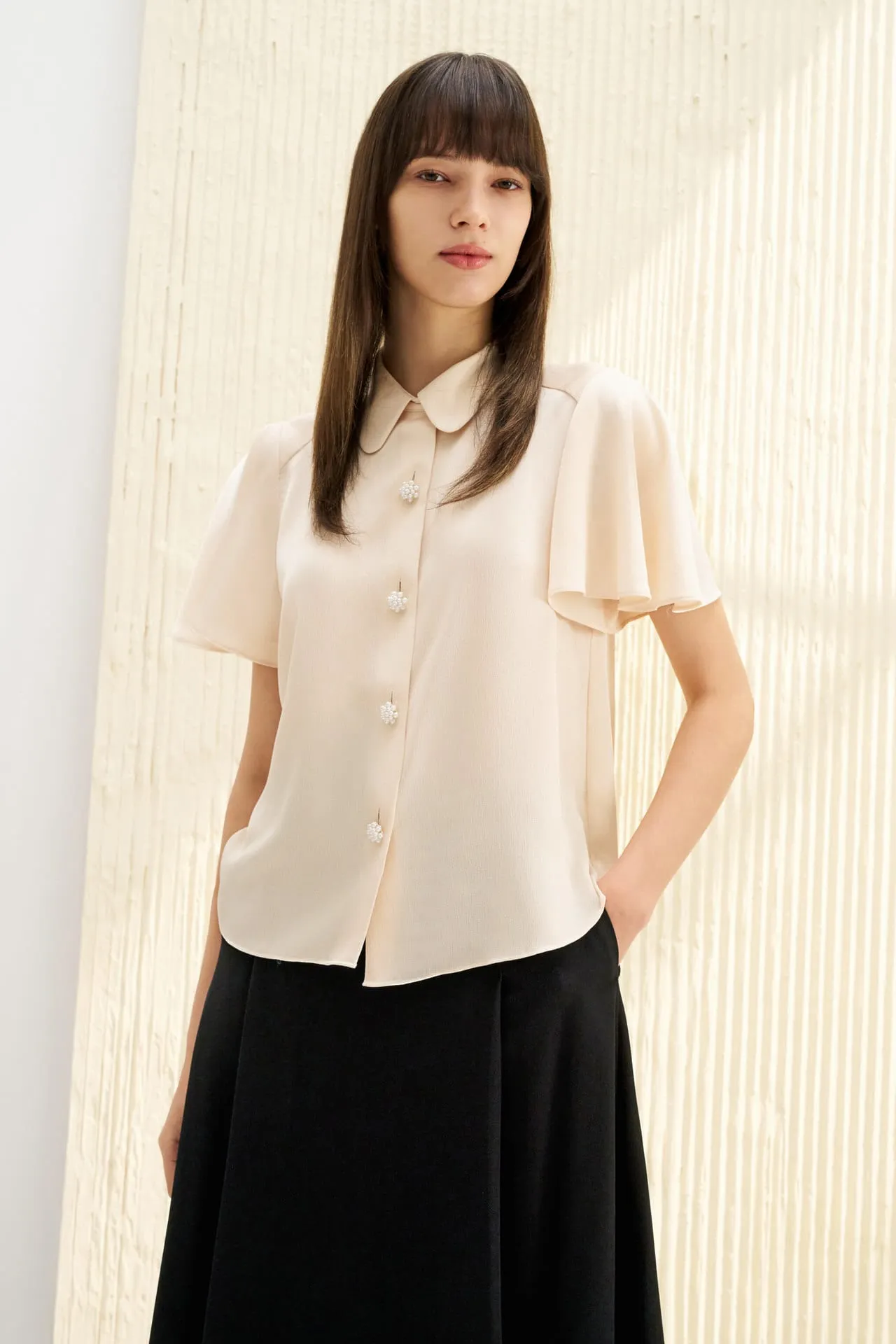 Wavy Sleeves Shirt Collar Blouse