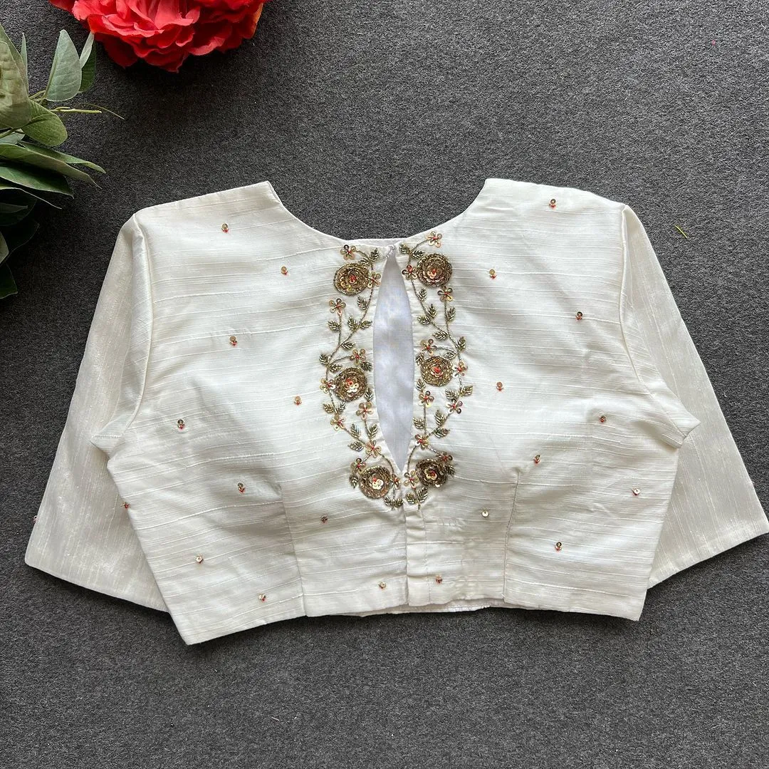 White Golden Elegance: Handcrafted Elzara Silk Blouse