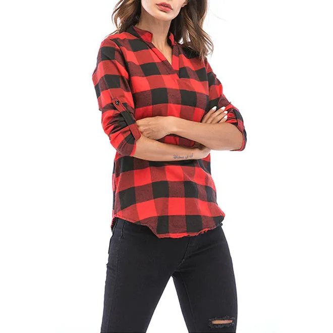 Women Collar Neck Folded Sleeve Plaid Shirt Blouse - C6512KMSB