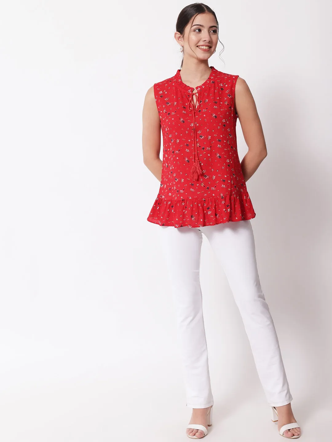 Women Red Floral Print Tie-Up Neck Top