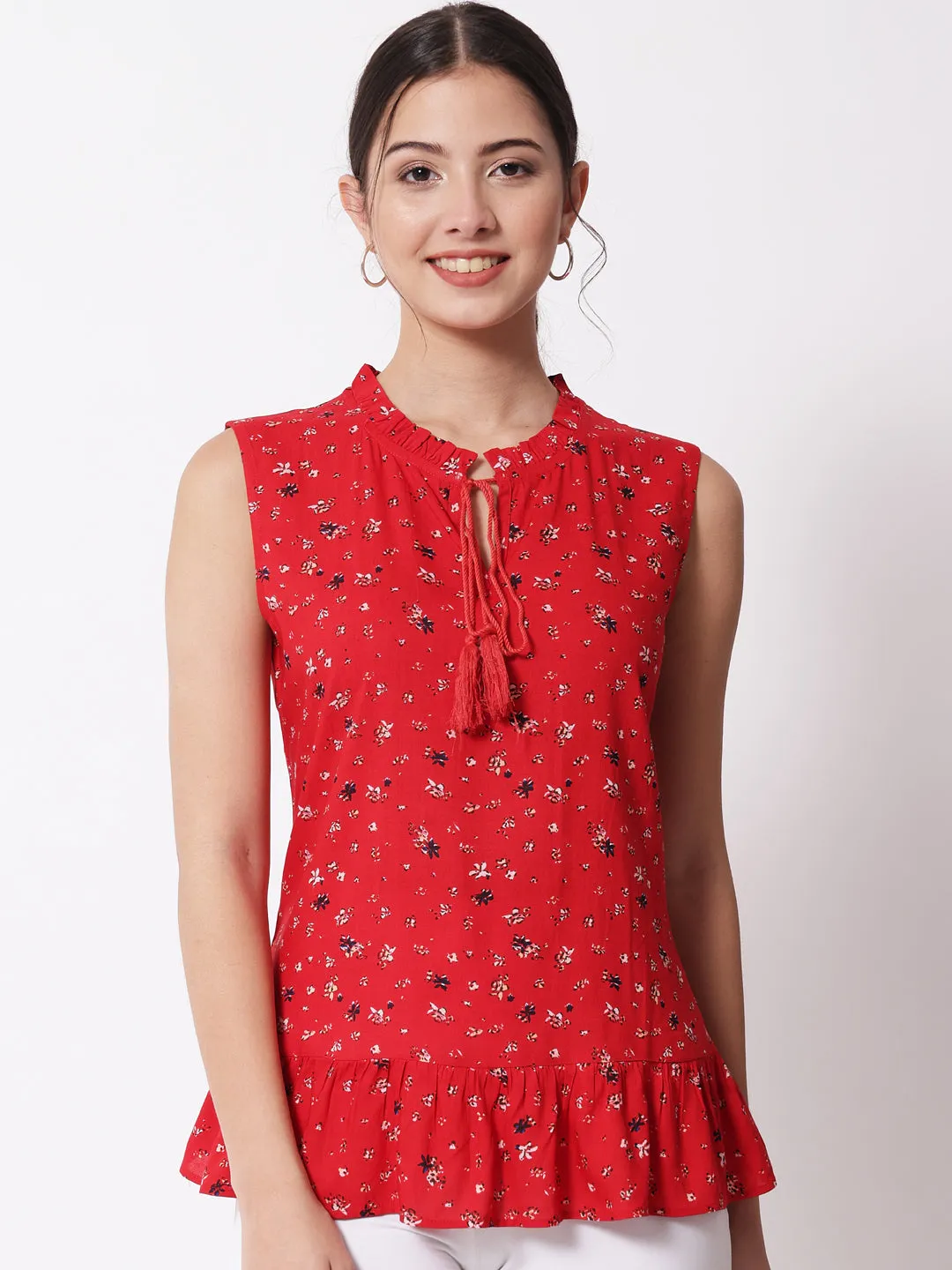 Women Red Floral Print Tie-Up Neck Top