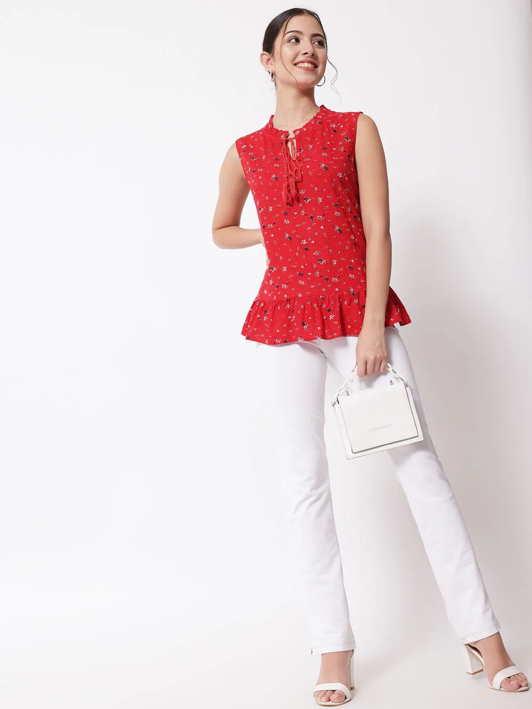 Women Red Floral Print Tie-Up Neck Top