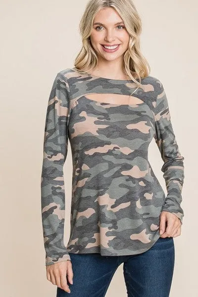 Women's Army Camo Printed Cut Out Neckline Long Sleeves Casual Basic Top