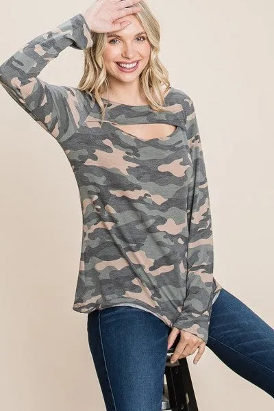 Women's Army Camo Printed Cut Out Neckline Long Sleeves Casual Basic Top