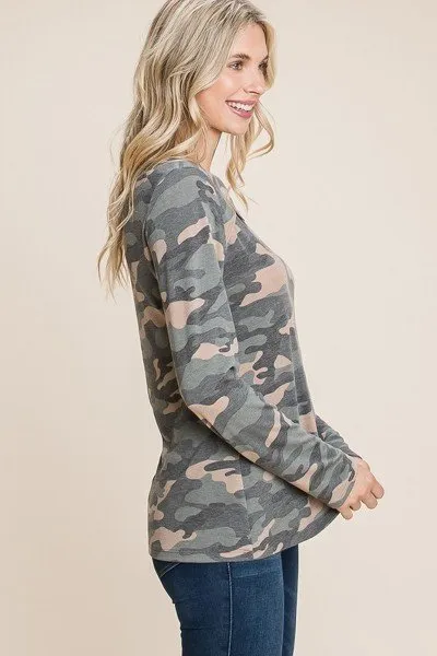 Women's Army Camo Printed Cut Out Neckline Long Sleeves Casual Basic Top