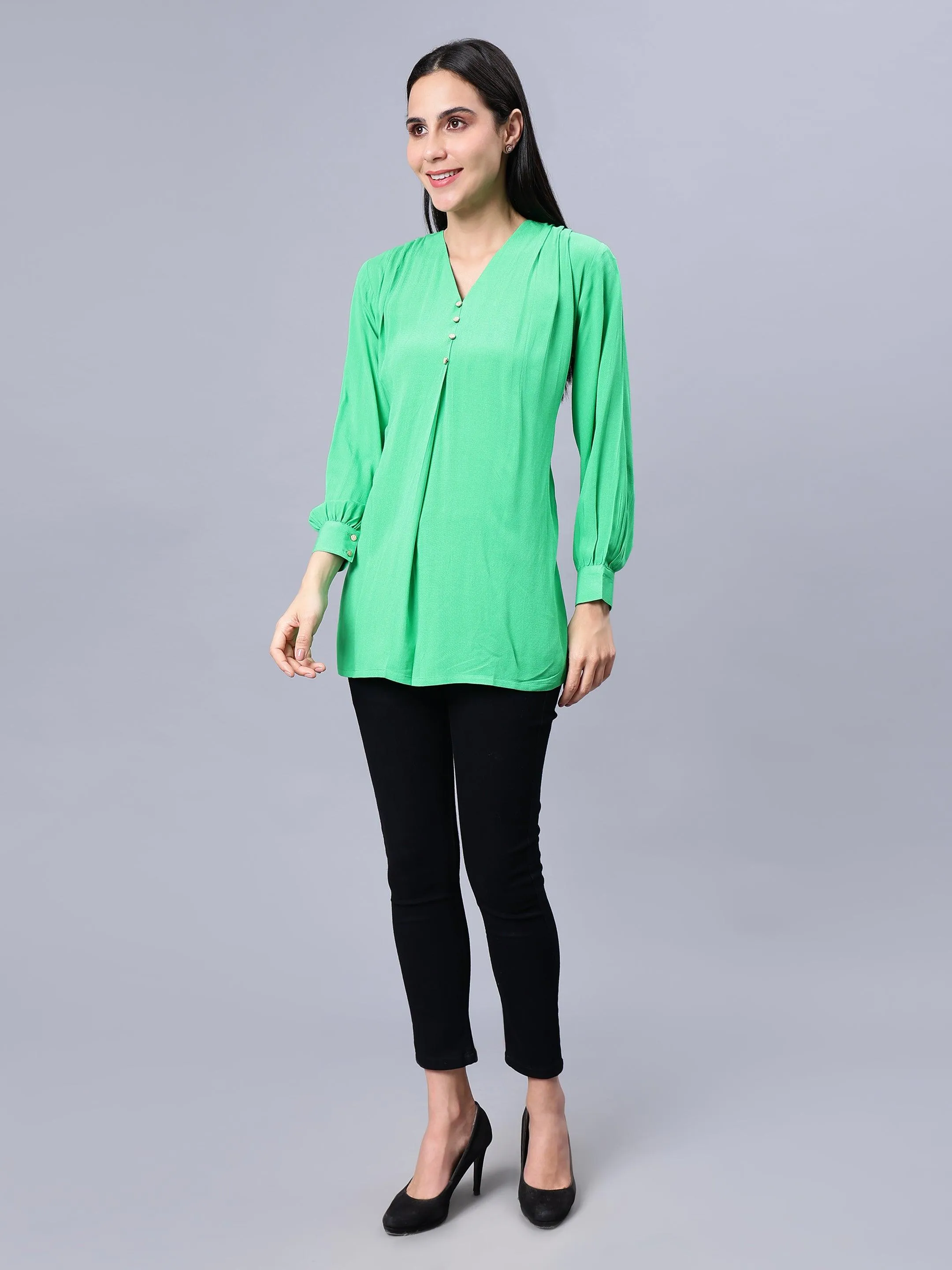 Women's Casual Green Longline Top - Stylish, Woven, and Comfortable