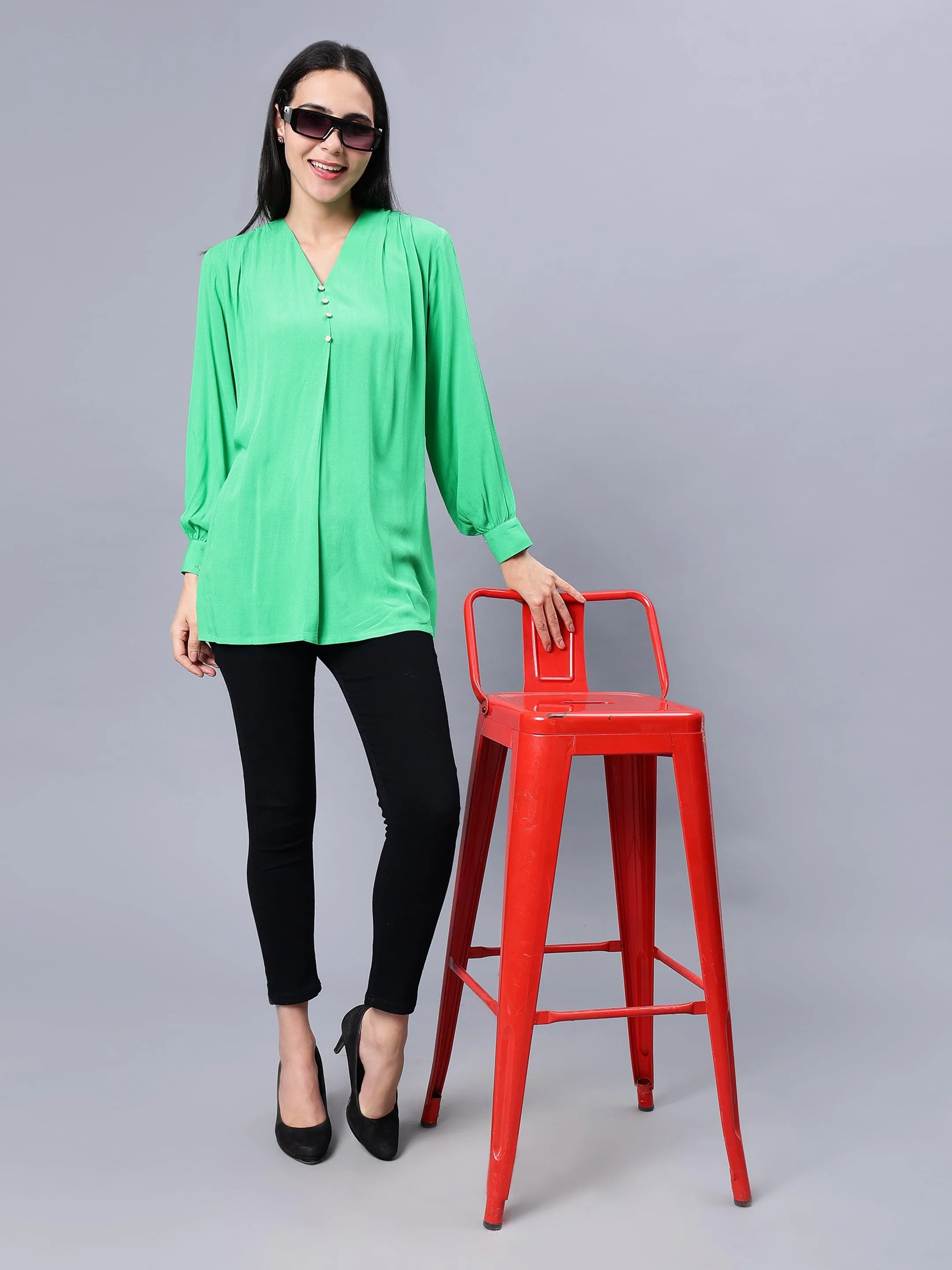 Women's Casual Green Longline Top - Stylish, Woven, and Comfortable